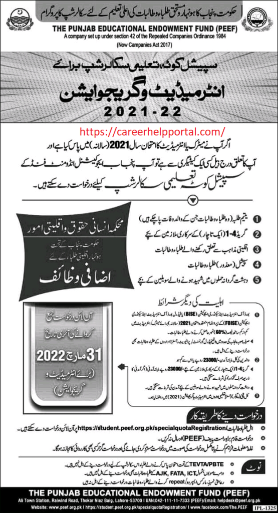 Peef scholarship 2022 for intermediate and undergraduates punjab (Download Application form)