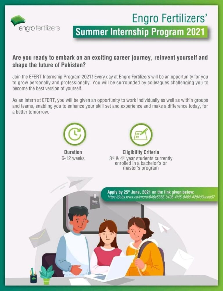 Applications are open for Engro Fertilizer Summer Internship 2021. For all the students Engro Fertilizer company has come up with a great opportunity to gain hands-on experience of a multinational company by launching our Summer 2021 Internship Program. The internship opportunity is d